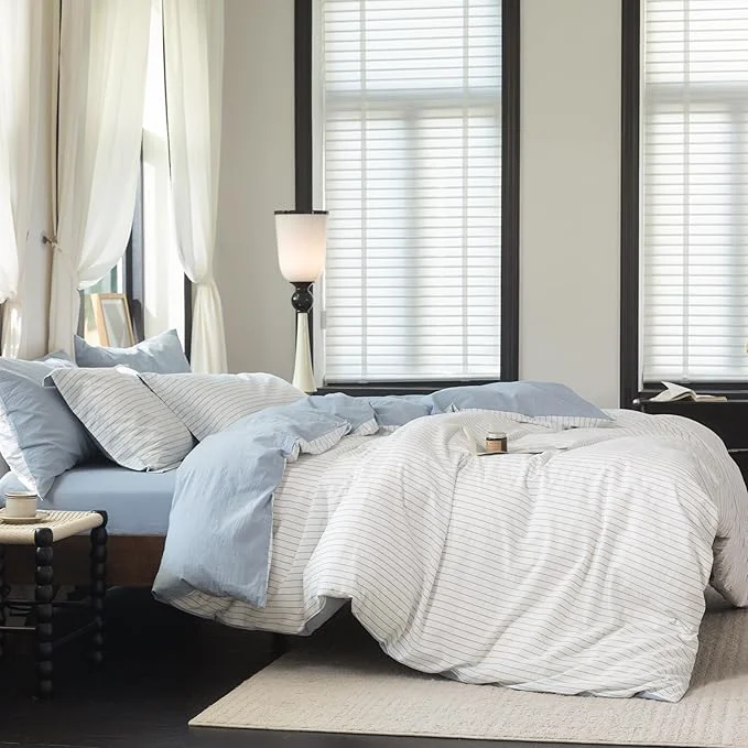 Dependable Reversible Duvet Cover Set Washed Cotton Sky Blue Stripe Linen Feel Duvet Cover Full Size with Zipper Closure amp 2 Pillow Shams Sky Blue White Stripe Reverse Solid Sky Blue Superior
