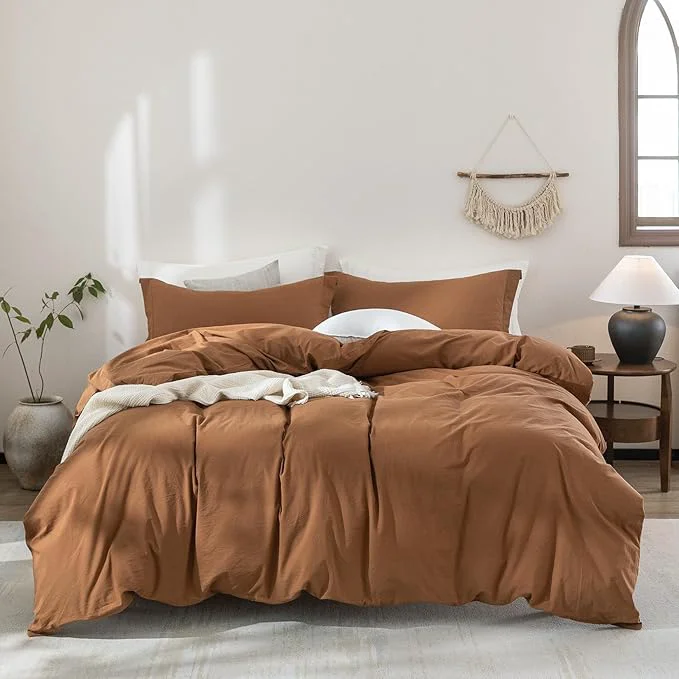 Detailed Washed Cotton Dark Orange Duvet Cover California King Size Bedding Set Cover 1 Duvet Cover with Zipper Closure Plus 2 Pillowcases 104inch x 98inch Elite