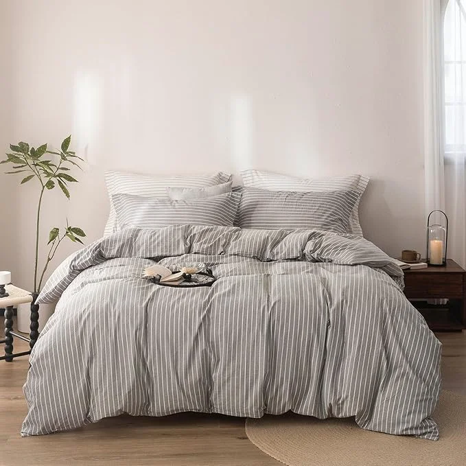 Smooth Stripe Duvet Cover Queen Size 90inch x 90inch Washed Cotton Linen Feel Pinstripe Duvet Cover with Zipper Closure and 2 Pillowcases Color of Grey and White Stripe Recyclable