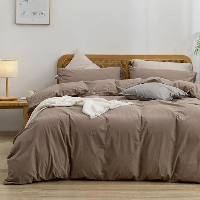 Unique OUCH Duvet Cover Set Washed Cotton Linen Feel Super Soft Comfortable Chic Lightweight 3 PCs Home Bedding Set Solid Pine Bark Brown Full Double Clean