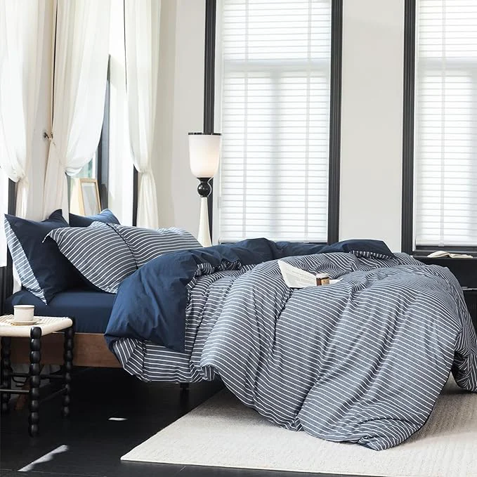 Specialty Reversible Duvet Cover Set Washed Cotton Blue Stripe Linen Feel Duvet Cover Super Queen Size with Zipper Closure amp 2 Pillow Shams Navy White Stripe Reverse Solid Navy Easy-to-Use
