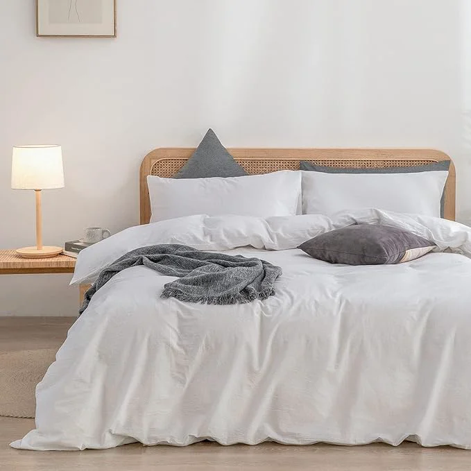Carefully Designed OUCH Duvet Cover Set Washed Cotton Linen Feel Super Soft Comfortable Chic Lightweight 3 PCs Home Bedding Set Solid Bright White Alaska King Convenient