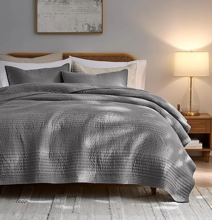 High-Performance PALASSIO Striped Dark Grey Cotton Quilt California Cal King Size Bedding Sets Oversized Lightweight Channel Pick Stitch Textured Bedspread Soft Farmhouse Country Coverlet for All Season 2 Shams Authentic
