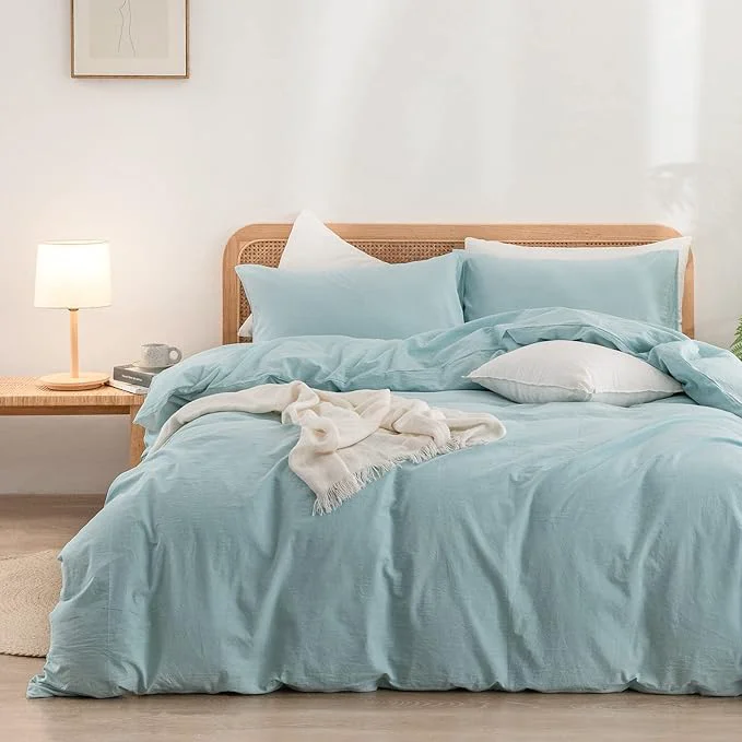 Smooth OUCH Duvet Cover Set Washed Cotton Linen Feel Super Soft Comfortable Chic Lightweight 3 PCs Home Bedding Set Solid Hushed Green Queen Responsible