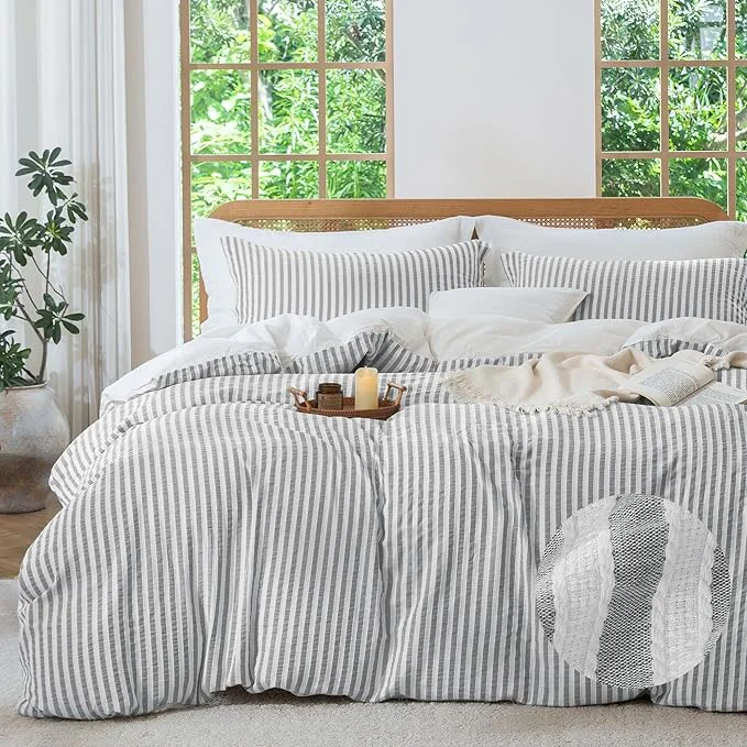 Green MILDLY Grey Striped Duvet Cover - Washed Cotton Jacquard Boho Textured Comforter Cover 3pcs with Corner Ties Zipper Closure 80 quot x90 quot Optimized
