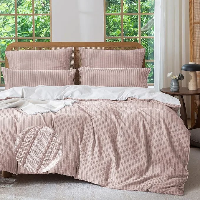 Classic MILDLY Jacquard Stripe Duvet Cover - Washed Cotton Pale Mauve Boho Textured Comforter Cover Set with Zipper Closure 80 quot x90 quot Original