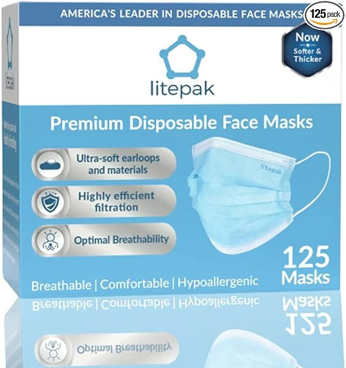 Optimized Litepak 125-Pack Disposable Face Mask Premium Comfort Earloops Sustainable