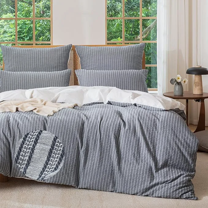 Carefully Designed MILDLY Jacquard Stripe Duvet Cover - Washed Cotton Charcoal Boho Textured Comforter Cover Set with Zipper Closure 80 quot x90 quot Crafted