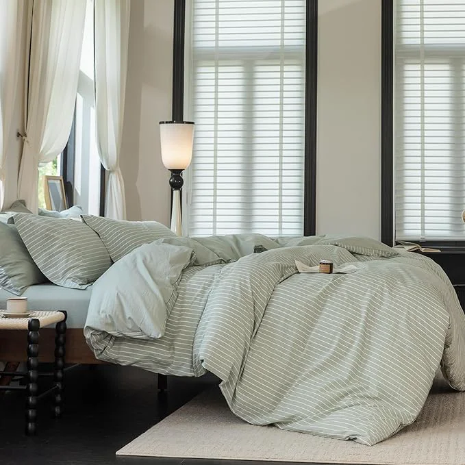 Expertly Made Reversible Duvet Cover Set Washed Cotton Green Stripe Linen Feel Duvet Cover King Size with Zipper Closure amp 2 Pillow Shams Celadon Green White Stripe Reverse Solid Celadon Green Carefully Designed