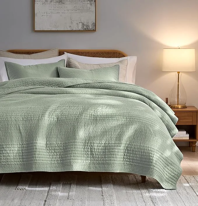 Secure palassio Striped Sage Green Cotton Quilt King Size Bedding Sets Lightweight Crinkly Channel Pick Stitch Textured Bedspread Soft Shabby Chic Farmhouse Country Coverlet for All Season 2 Shams Comfortable