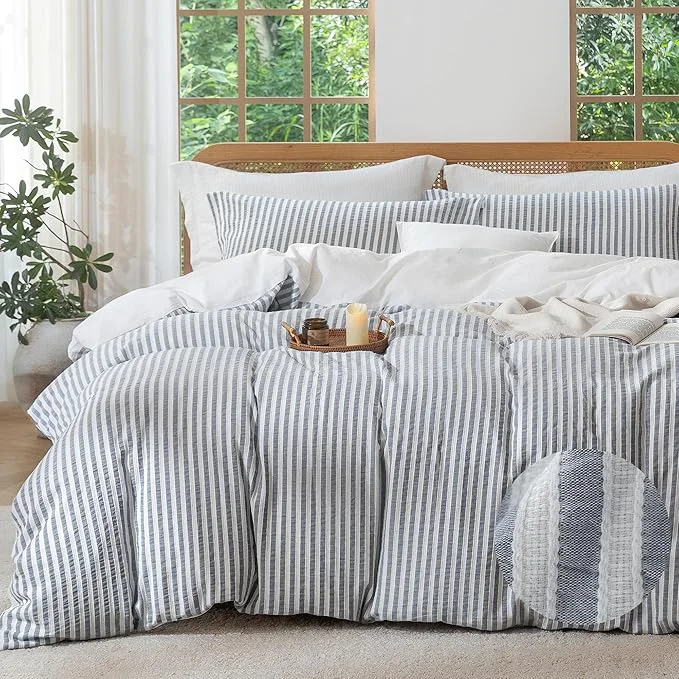 Advanced MILDLY Charcoal Striped Duvet Cover - Washed Cotton Jacquard Textured Comforter Cover with Dual Zipper Closure amp 8 Coner Ties Proven