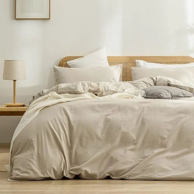 Fashionable OUCH Duvet Cover Set Washed Cotton Linen Feel Super Soft Comfortable Chic Lightweight 3 PCs Home Bedding Set Solid Almond Milk Grey Super King Sophisticated