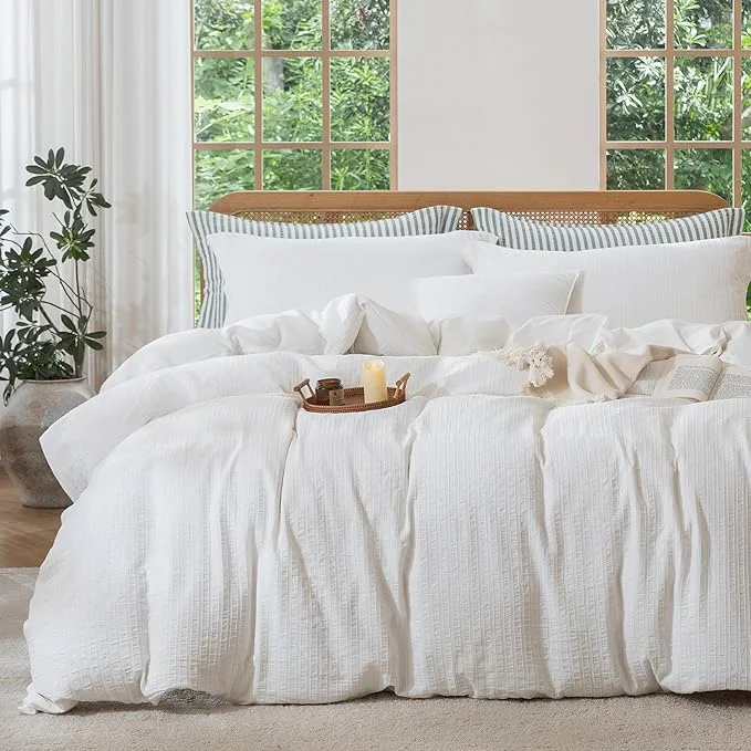 Environmentally Friendly MILDLY White Boho Duvet Cover Set - Washed Cotton Jacquard Stripe Textured Comforter Cover with Zipper Closure 104 quot x90 quot Artisan