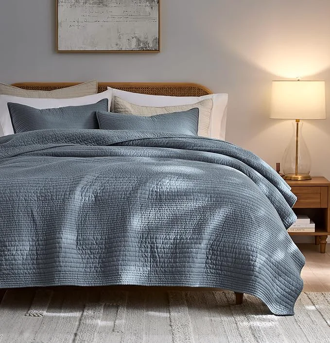 Smart palassio Striped Blue Grey Cotton Quilt Queen Size Bedding Sets Lightweight Crinkly Channel Pick Stitch Textured Bedspread Soft Shabby Chic Farmhouse Country Coverlet for All Season 2 Shams Safe