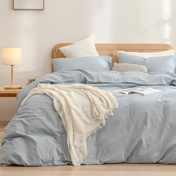 Unique OUCH Duvet Cover Set Washed Cotton Linen Feel Super Soft Comfortable Chic Lightweight 3 PCs Home Bedding Set Solid Cornflower Blue Super Queen Organic