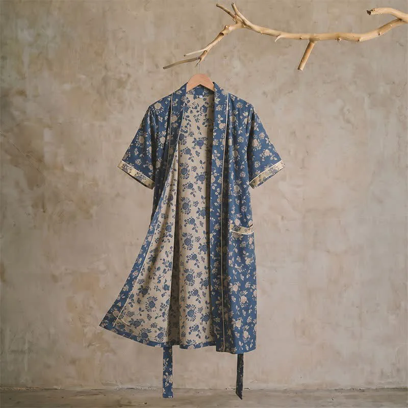 Enhanced Ownkoti Indigo Blue Vintage Floral Kimono Robe Safe