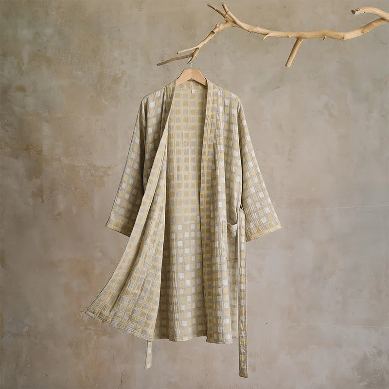 Ownkoti Soft Yellow Grey Cotton Plaid Kimono Robe High-Quality