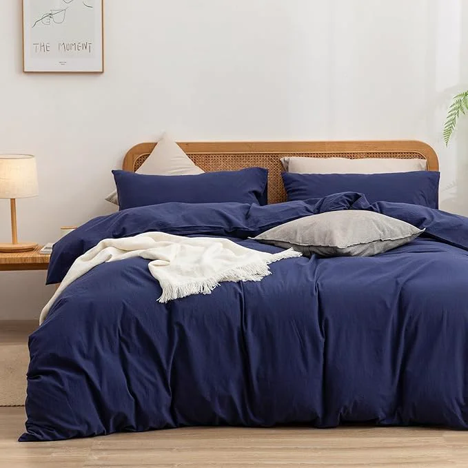 Consistent OUCH Duvet Cover Set Washed Cotton Linen Feel Super Soft Comfortable Chic Lightweight 3 PCs Home Bedding Set Solid Navy Blue Full Double Original