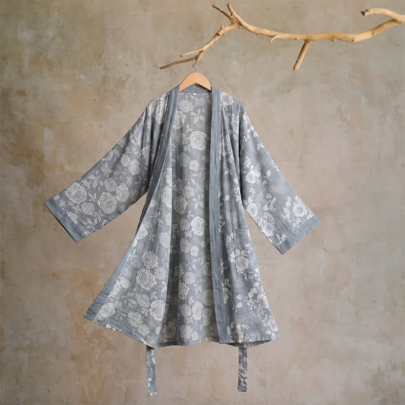 Prestigious Ownkoti Cotton Dusty Blue Rose Print Kimono Robe Eco-Friendly