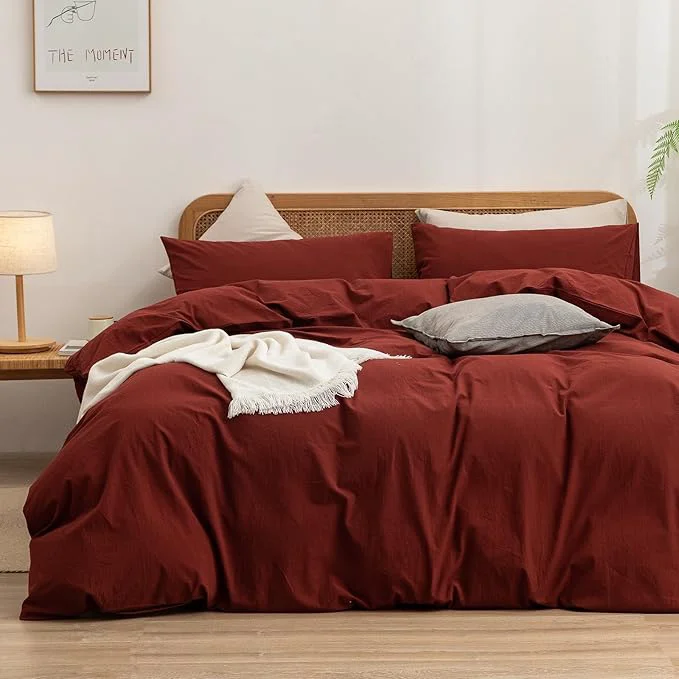 Specialty OUCH Duvet Cover Set Washed Cotton Linen Feel Super Soft Comfortable Chic Lightweight 3 PCs Home Bedding Set Solid Fired Brick Red Alaska King Durable