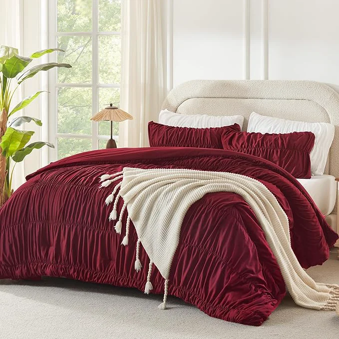 Reliable Andency Ruched Burgundy Oversized Queen Size Comforter Sets Shabby Chic Pleated Bedding Sets 3 Pieces Lightweight Soft Boho Ruffle Bed Set for Girls Kids Women All Season Original