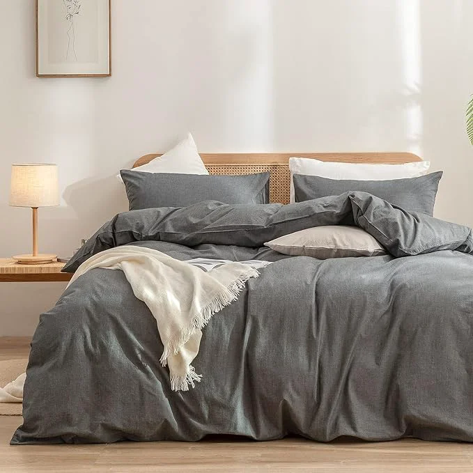 Fine OUCH Duvet Cover Set Washed Cotton Linen Feel Super Soft Comfortable Chic Lightweight 3 PCs Home Bedding Set Solid Dark Grey Super Queen Detailed