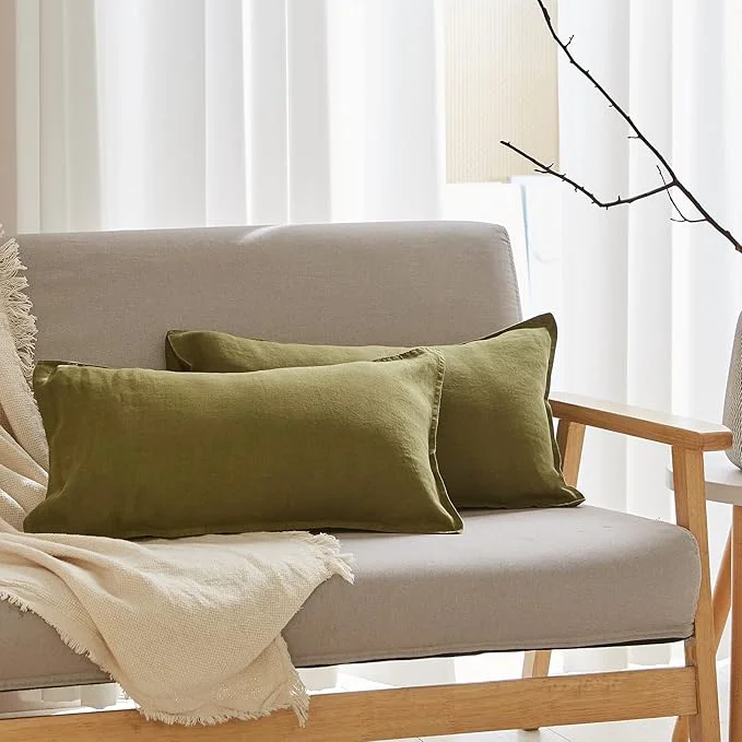 Sophisticated Simple amp Opulence Linen Lumbar Pillow Cover 12 x 20 Inches Set of 2 Rectangular Decorative Throw Cushion Cover for Couch Sofa Bed Living Room Office Soft Breathable Farmhouse - Olive Green Premium Material