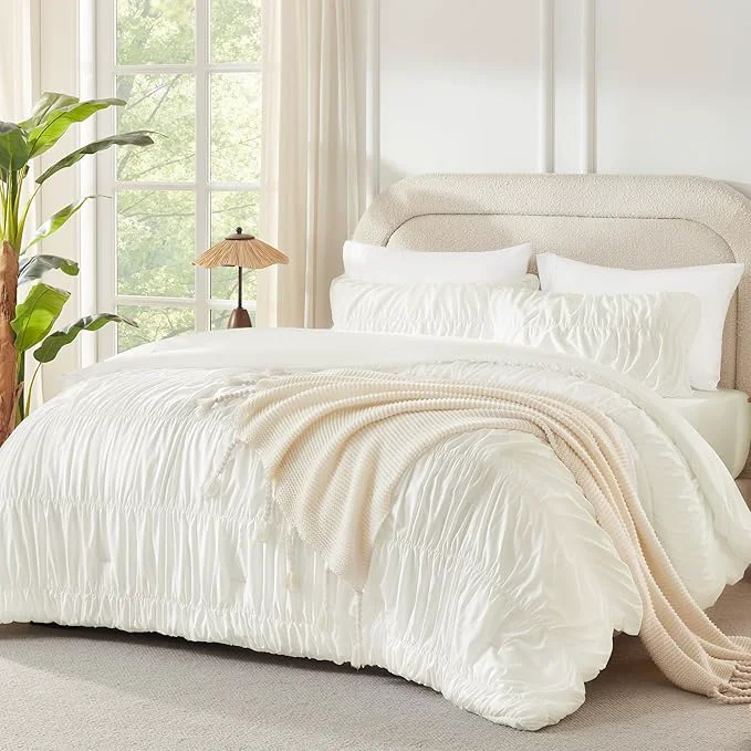 Solid Andency Ruched Ivory King Size Comforter Set Shabby Chic Pleated Bedding Sets 3 Pieces Lightweight Soft Boho Ruffle Bed Set for Girls Kids Women All Season Versatile