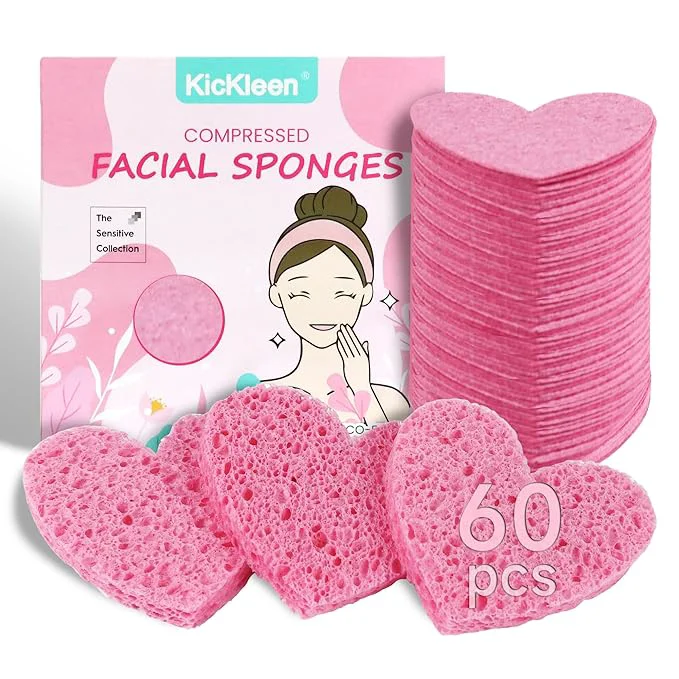 Stylish 60-Count Kickleen Compressed Cellulose Heart Shape Facial Sponges Trendy