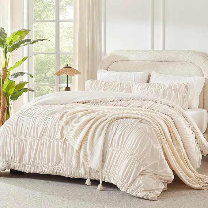 Contemporary Andency Ruched Beige Full Size Comforter Sets Shabby Chic Pleatd Bedding Sets 3 Pieces Lightweight Soft Boho Ruffle Bed Set for Girls Kids Women All Season