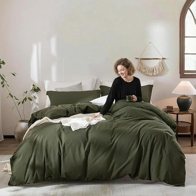 Certified Olive Green Duvet Cover King Size Washed Cotton Bedding Set Cover 1 Duvet Cover 104inch x 90inch with Zipper Closure and 2 Pillowcases Olive Green Natural