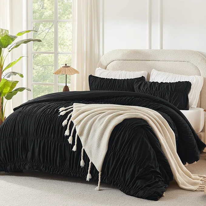 Efficient Andency Ruched Black Oversized Queen Size Comforter Sets Shabby Chic Pleated Bedding Sets 3 Pieces Lightweight Soft Boho Ruffle Bed Set for Girls Kids Women All Season Solid