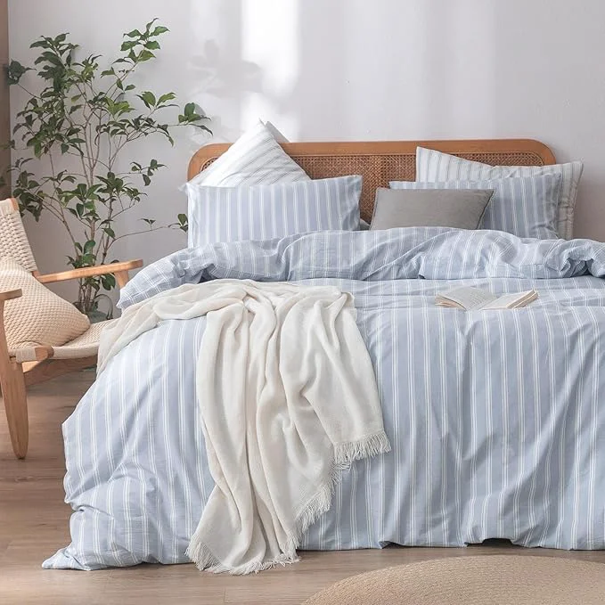 Elite OUCH Duvet Cover Set Washed Cotton Linen Feel Super Soft Comfortable Chic Lightweight 3 PCs Home Bedding Set Cornflower Blue amp White Stripes Queen Outstanding
