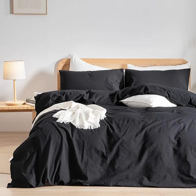 Casual OUCH Duvet Cover Set Washed Cotton Linen Feel Super Soft Comfortable Chic Lightweight 3 PCs Home Bedding Set Solid Deep Black Oversized Full Healthy