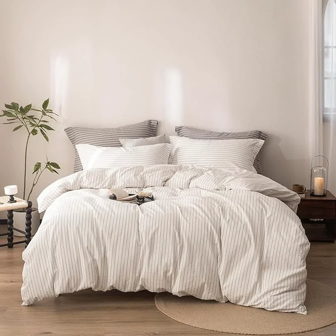 Recyclable Stripe Duvet Cover Full Size 90inch x 80inch Washed Cotton Linen Feel Duvet Cover with Zipper Closure and 2 Pillowcases Color of Off White-Linen Grey Stripe Premium Material