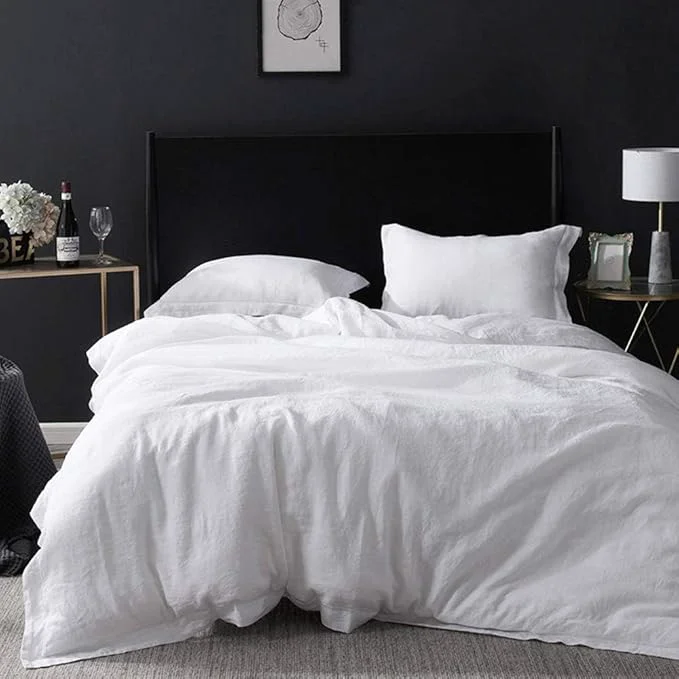 Pure Simple amp Opulence Linen Duvet Cover Set with Embroidery Border Washed - 2 Pieces 1 Duvet Cover amp 1 Pillow Sham with Button Closure Soft Breathable Farmhouse - White Twin Size Flexible