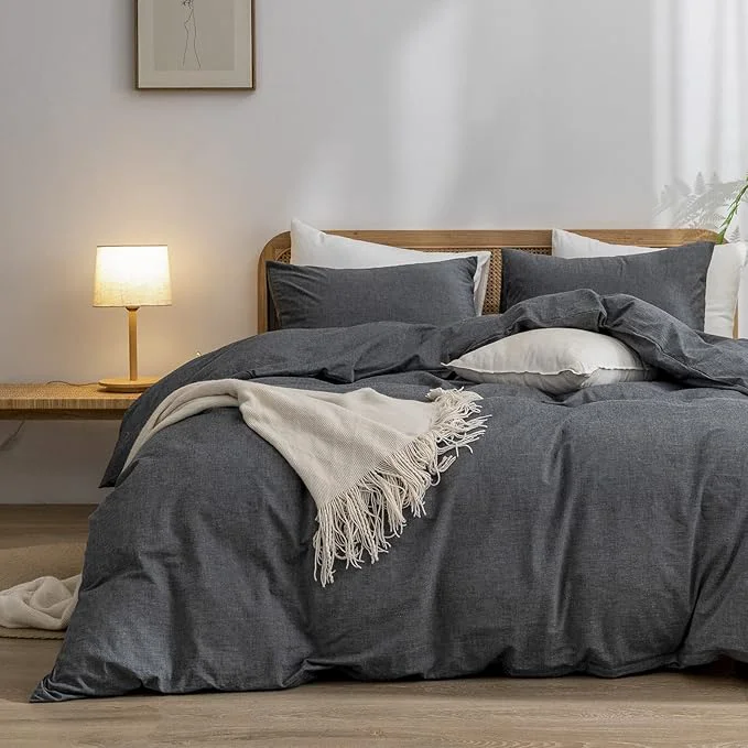Proven OUCH Duvet Cover Set Washed Cotton Linen Feel Super Soft Comfortable Chic Lightweight 2 PCs Home Bedding Set Solid Dark Black Twin Twin XL Original Design