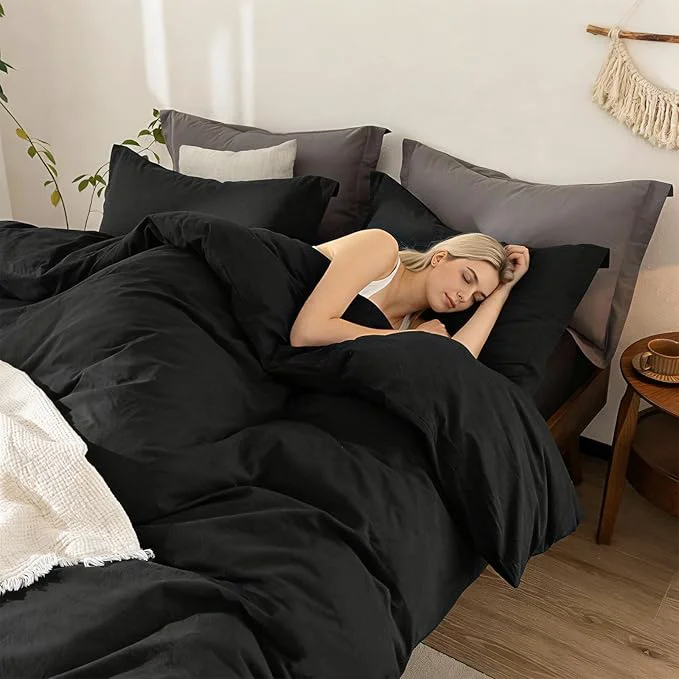 Effective Black Duvet Cover California King Size Washed Cotton Bedding Set Cover 1 Duvet Cover with Zipper Closure and 2 Pillowcases 104inch x 98inch Excellent