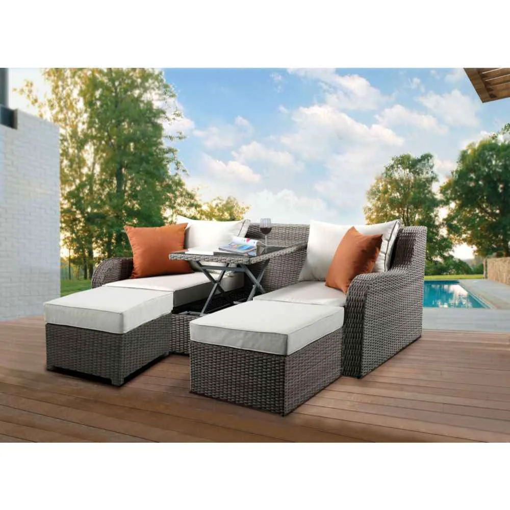 High-End na - Patio Sofa With 2 Pillows amp 2 Ottomans - Beige Fabric amp Gray Wicker Reusable