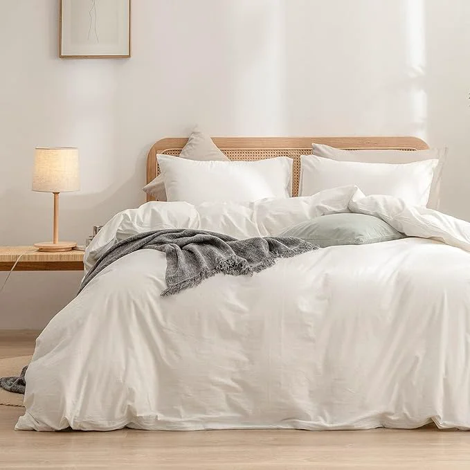 Classic OUCH Duvet Cover Set Washed Cotton Linen Feel Super Soft Comfortable Chic Lightweight 3 PCs Home Bedding Set Solid Off White Alaska King Organic