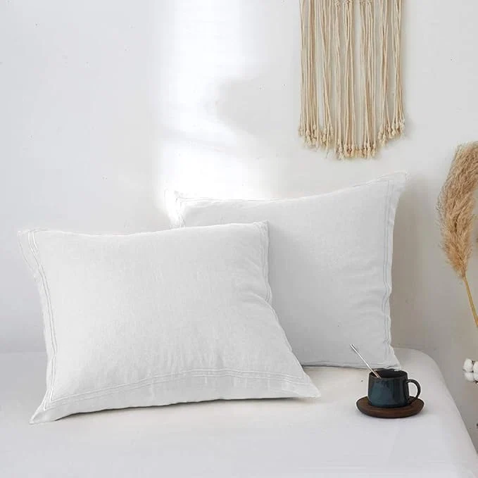 Simple amp Opulence French Linen Euro Shams with Embroidery 26 39 39 x 26 39 39 - Pack of 2 - Pre Washed Solid Color Natural Flax Soft Breathable - White Powerful