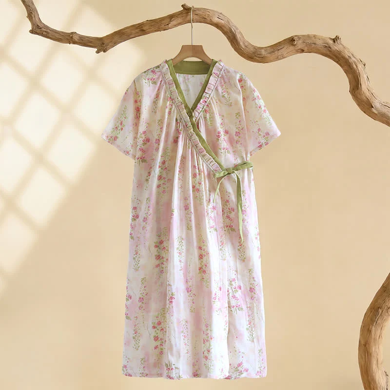 Artisan Ownkoti Kimono Floral Cotton Gauze Ruffle Trim Nightdress User-Friendly
