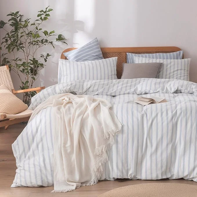 Trusted OUCH Duvet Cover Set Washed Cotton Linen Feel Super Soft Comfortable Chic Lightweight 3 PCs Home Bedding Set White amp Cornflower Blue Stripes Queen Organic