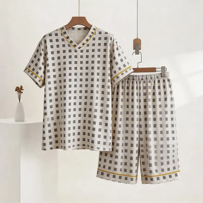 High-Performance Ownkoti Unisex Mini Check V-Neck Pajama Set Elegant