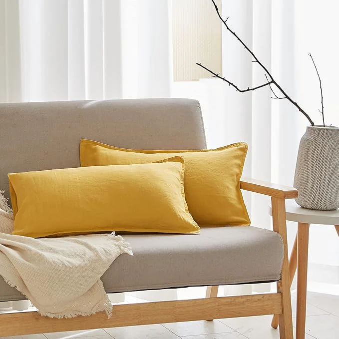 Crafted Simple amp Opulence Linen Lumbar Pillow Cover 12 x 20 Inches Set of 2 Rectangular Decorative Throw Cushion Cover for Couch Sofa Bed Living Room Office Soft Breathable Farmhouse - Mustard Yellow Prestigious