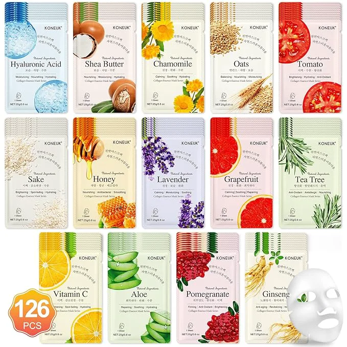 Superior KONEUK 126 Pack Sheet Face Masks Skincare Bulk Facial Mask Gifts Set Functional