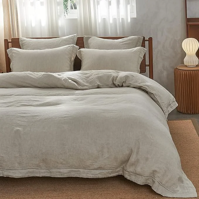 Convenient Simple amp Opulence Linen Duvet Cover Set with Embroidery Border Washed - 3 Pieces 1 Duvet Cover with 2 Pillow Shams with Button Closure Soft Breathable Farmhouse - Linen Full Size Sophisticated