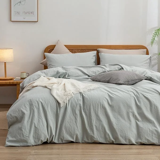 Certified OUCH Duvet Cover Set Washed Cotton Linen Feel Super Soft Comfortable Chic Lightweight 3 PCs Home Bedding Set Solid Northern Droplet Grey Full Double Organic