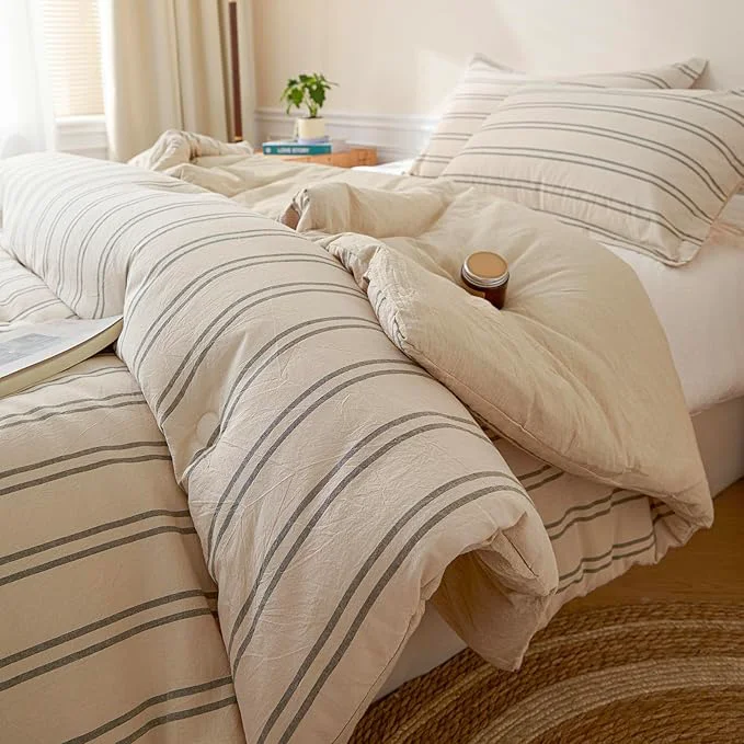 High-Grade Cyusri Cotton Stripe King Comforter Set - Soft Lightweight Bedding 3 Pieces Dyed Bed Set with 2 Pillow Shams Reversible All Season Farmhouse Down King Size 104 quot x90 quot Beige High-End