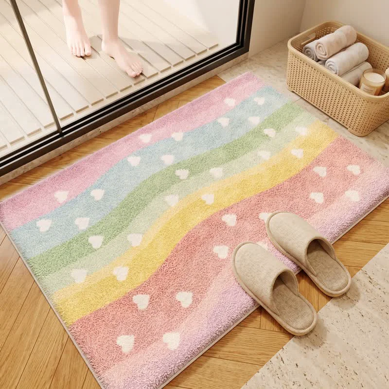 Fast Ownkoti Rainbow Heart Non-Slip Faux Fur Bathroom Rug Stylish